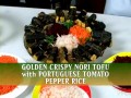 Rouleaux croustillants de nori farcis de tofu avec riz portugais à la tomate et aux poivrons (en portugais)